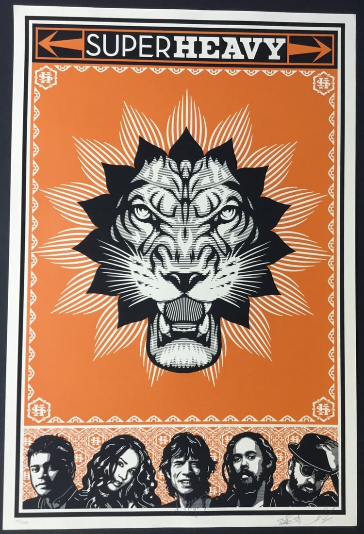 Mick Jagger Dave Stewart Shepard Fairey Signed Limited Edition Poster 36 x 24: Mick Jagger Dave Stewart Shepard Fairey Signed Limited Edition Poster 36 x 24 Celebrate the iconic legacy of rock music with this limited edition poster featuring art by Shepard Fairey, signed by lege