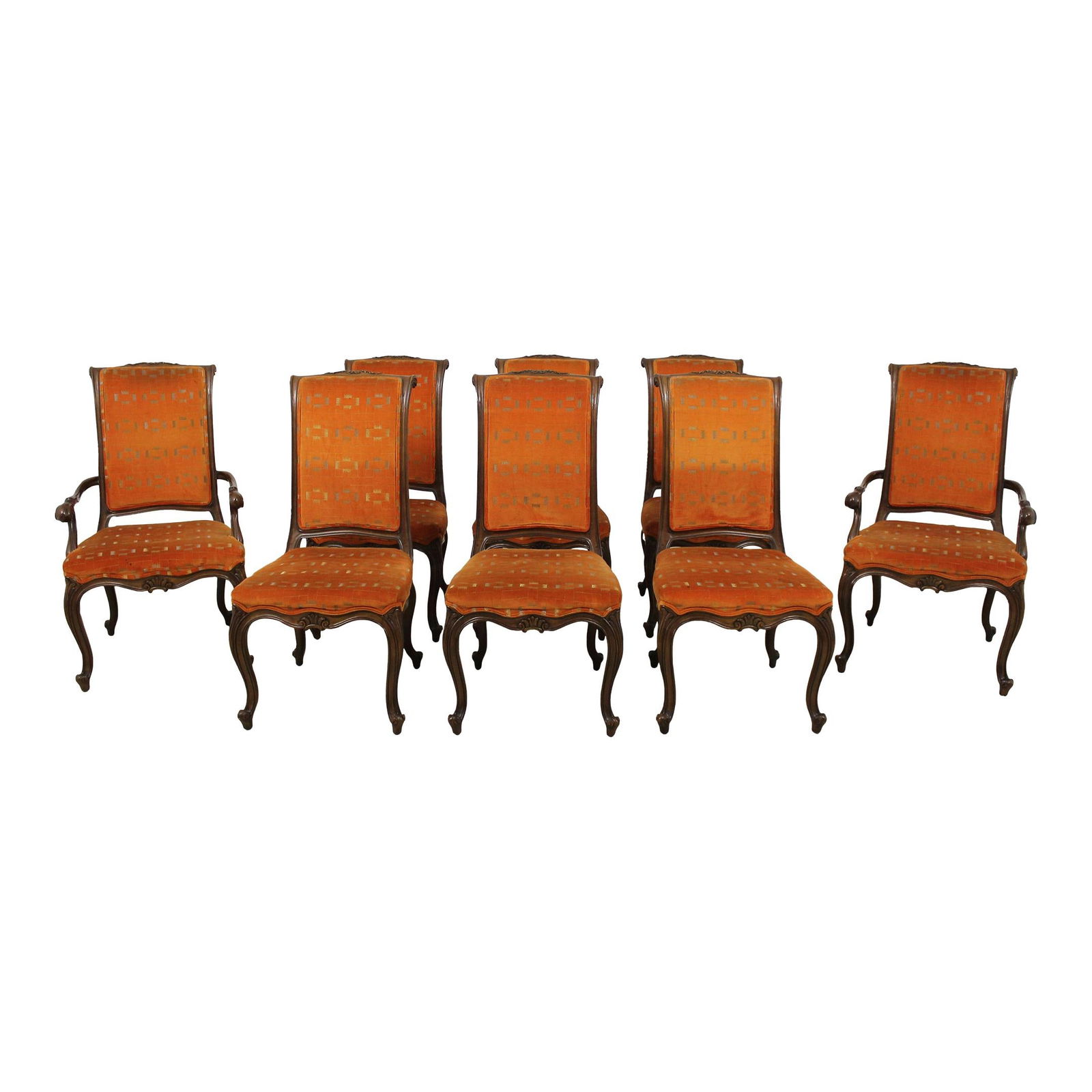 Elegant Set of 8 Karges French Louis XV Dining Chairs: Elegant Set of 8 Karges French Louis XV Dining Chairs This exquisite set of 8 Karges French Louis XV Style Dining Room Chairs showcases fine carved details and high-quality construction, embodying the