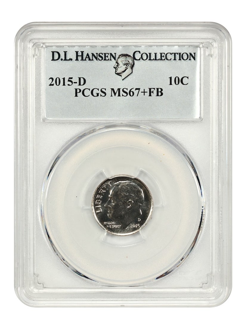 2015 Denver Roosevelt Dime PCGS MS67+FB D L Hansen Collection: 2015 Denver Roosevelt Dime PCGS MS67+FB D L Hansen Collection This is a 2015-D Roosevelt Dime graded MS67+FB by PCGS, from the Denver Mint. The coin is uncirculated and features a Full Bands (FB) desi