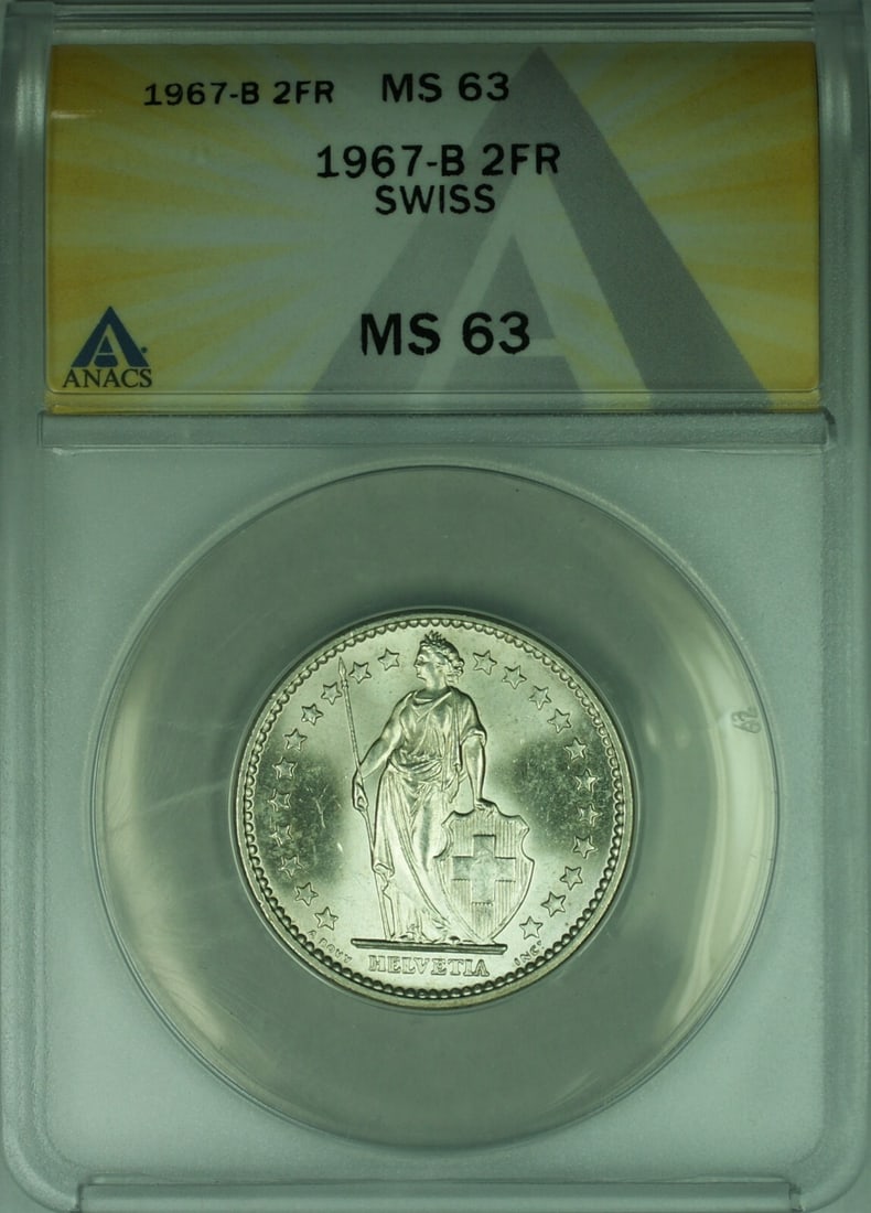 Switzerland 1967 2 Franc Silver ANACS MS-63 Certified Coin: Switzerland 1967 2 Franc Silver ANACS MS-63 Certified Coin This 1967-B Switzerland 2 Franc coin is composed of 0.835 fine silver and is graded MS-63 by ANACS. The coin is uncirculated and certified, m