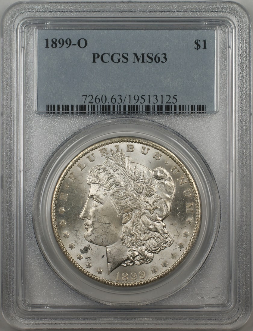 PCGS MS63 1899-O New Orleans Morgan Silver Dollar $1 Coin: PCGS MS63 1899-O New Orleans Morgan Silver Dollar $1 Coin This is an 1899-O Morgan Silver Dollar $1 coin certified by PCGS with a grade of MS-63. Minted in New Orleans, this uncirculated coin is compo
