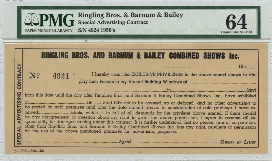 PMG MS64 Circus Advertising Contract from 1950s Ringling Bros. Barnum Bailey (1 of 2)