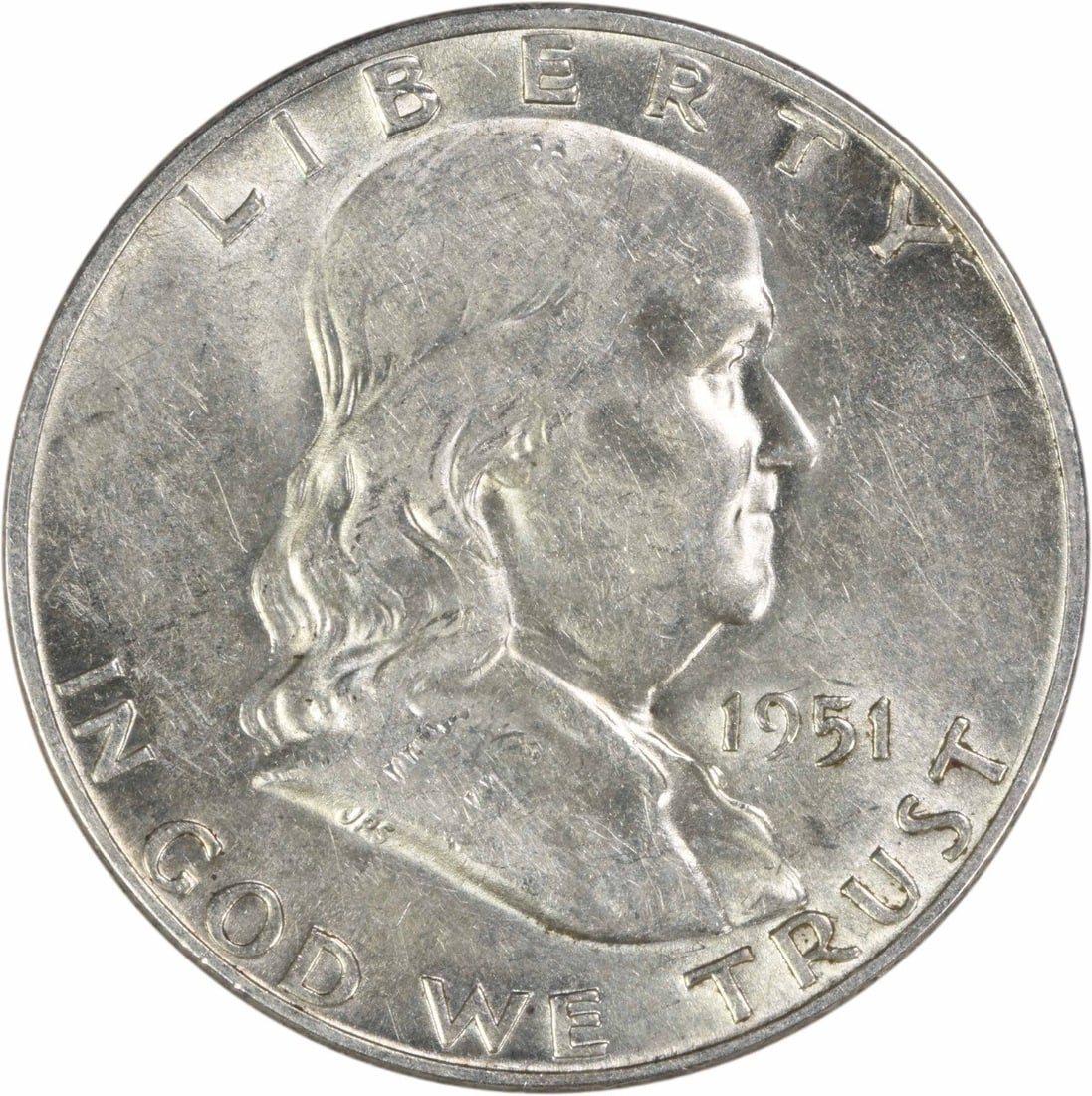 1951 Denver Mint Franklin 50 Cent Silver Coin AU Grade Uncertified: 1951 Denver Mint Franklin 50 Cent Silver Coin AU Grade Uncertified This 1951-D Franklin Half Dollar is an uncertified, pre-owned coin struck at the Denver Mint. Composed of 90% silver and 10% copper,