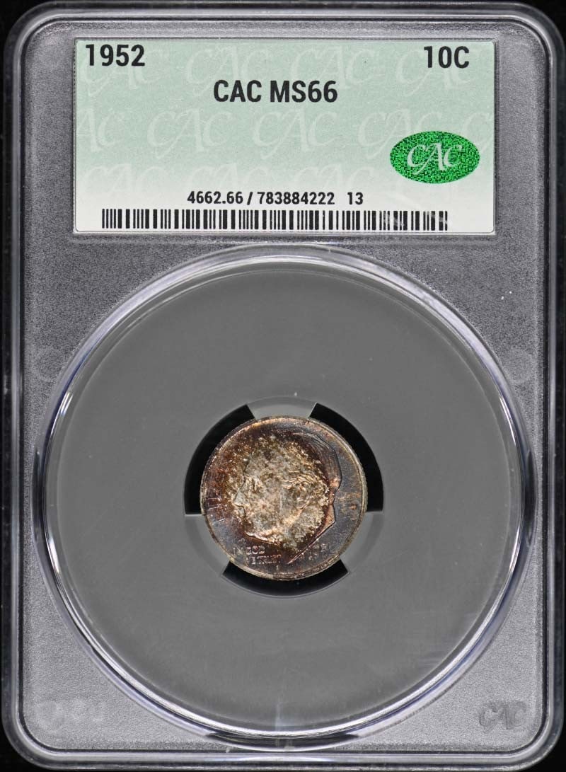 1952 Roosevelt Dime CACG MS66 Uncirculated Philadelphia Mint: 1952 Roosevelt Dime CACG MS66 Uncirculated Philadelphia Mint This 1952 Roosevelt Dime is certified by CACG with a grade of MS66, indicating its uncirculated condition. Struck at the Philadelphia Mint,