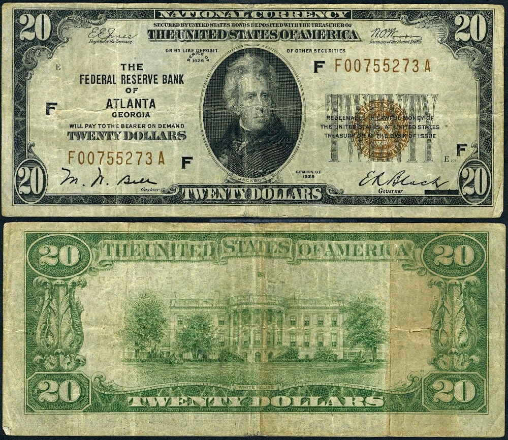 1929 $20 Atlanta Federal Reserve Note F-A Block Circulated VF (1 of 3)