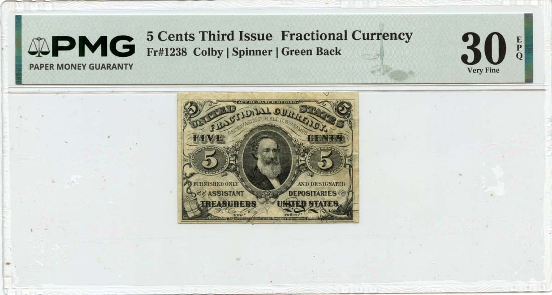 PMG VF30 EPQ Third Issue 5 Cent Fractional Currency Green Back Note: PMG VF30 EPQ Third Issue 5 Cent Fractional Currency Green Back Note This is a Third Issue 5 Cents fractional currency note from the United States, graded VF30 by PMG. The note is circulated and featur