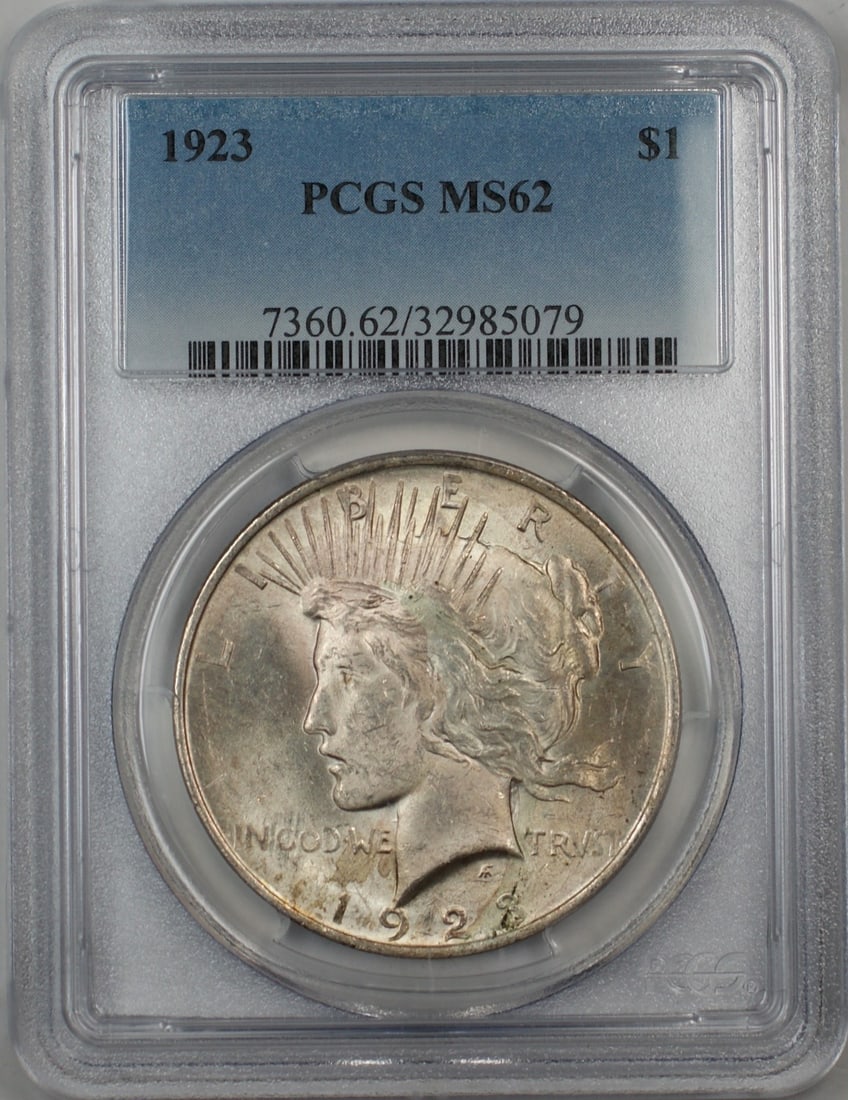 PCGS MS62 1923 Peace Dollar Silver Coin Philadelphia Mint Certified: PCGS MS62 1923 Peace Dollar Silver Coin Philadelphia Mint Certified This 1923 Silver Peace Dollar is a circulated coin minted in Philadelphia, United States. Certified by PCGS with an MS 62 grade, it