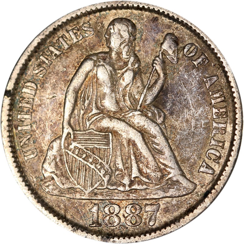 San Francisco Mint 1887 Silver Seated Liberty Dime United States Coin: San Francisco Mint 1887 Silver Seated Liberty Dime United States Coin This is an 1887-S Seated Liberty Dime struck at the San Francisco Mint. The coin is composed of silver and is in circulated, pre-o