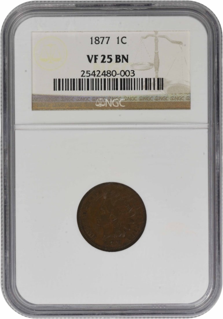 NGC Certified 1877 Indian Head Cent VF25BN Philadelphia Mint: NGC Certified 1877 Indian Head Cent VF25BN Philadelphia Mint This 1877 Indian Head Cent is graded VF25BN by NGC and features a composition of 95% copper with 5% tin and zinc. Designed by James Barton