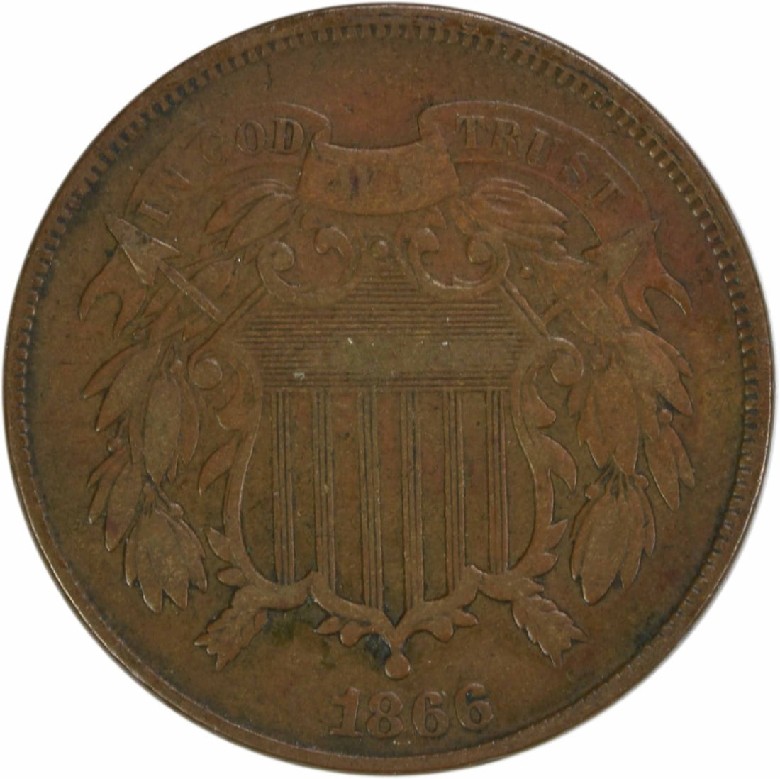 1866 Two Cent Piece VF Circulated Bronze Coin by Longacre (1 of 2)