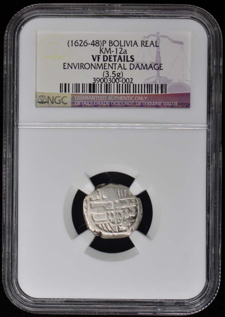1626-48 Bolivia 1 Real Silver Cob KM-12A NGC Certified Coin: 1626-48 Bolivia 1 Real Silver Cob KM-12A NGC Certified Coin This 1626-48 Bolivia 1 Real KM-12A is a historic silver cob coin, certified by NGC with a grade of VF (Very Fine) and bearing the certificat