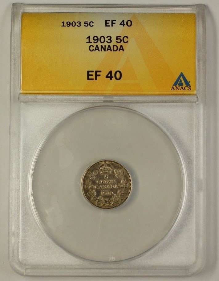 ANACS EF-40 1903 Canada Silver 5 Cent Coin Certified: ANACS EF-40 1903 Canada Silver 5 Cent Coin Certified This 1903 Canada 5 Cent coin is composed of silver and has been graded EF-40 by ANACS. The coin is circulated and originates from Canada, offering