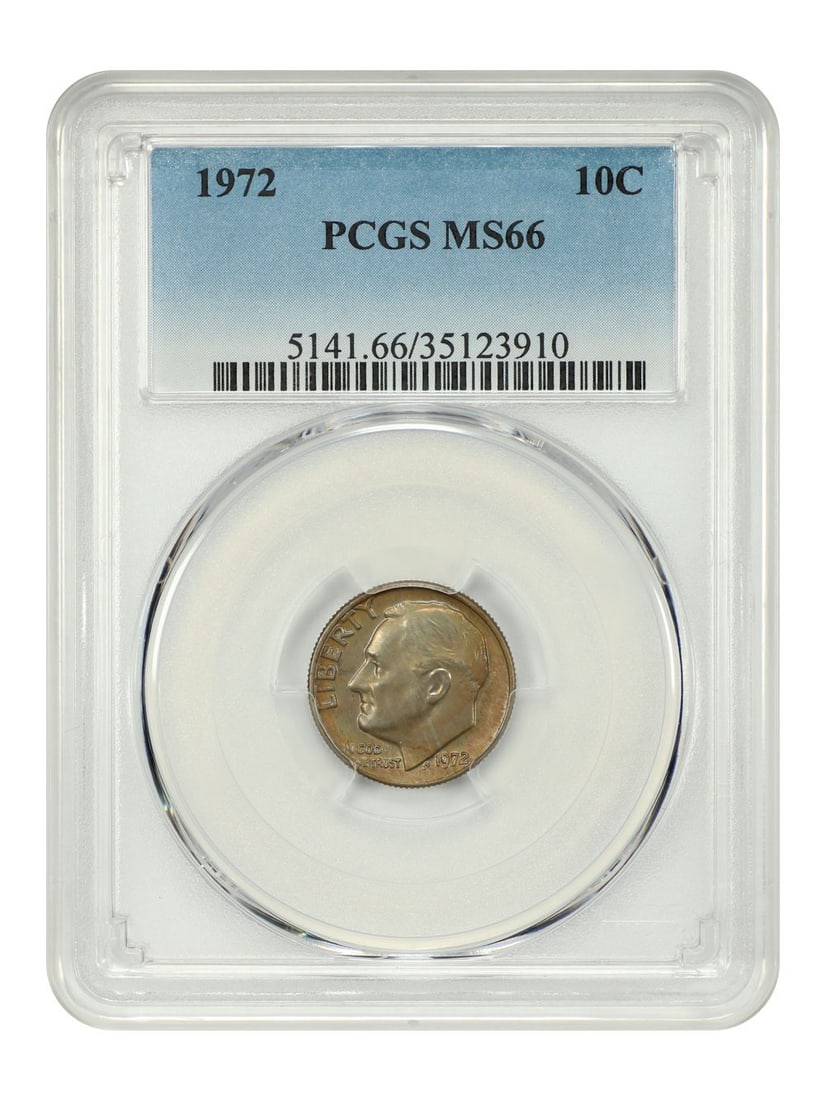 1972 Roosevelt Dime 10C PCGS Graded MS66 Uncirculated Coin: 1972 Roosevelt Dime 10C PCGS Graded MS66 Uncirculated Coin This is a 1972 Roosevelt Dime graded MS66 by PCGS. The coin is uncirculated and was minted in Philadelphia. It is part of the Roosevelt Dime
