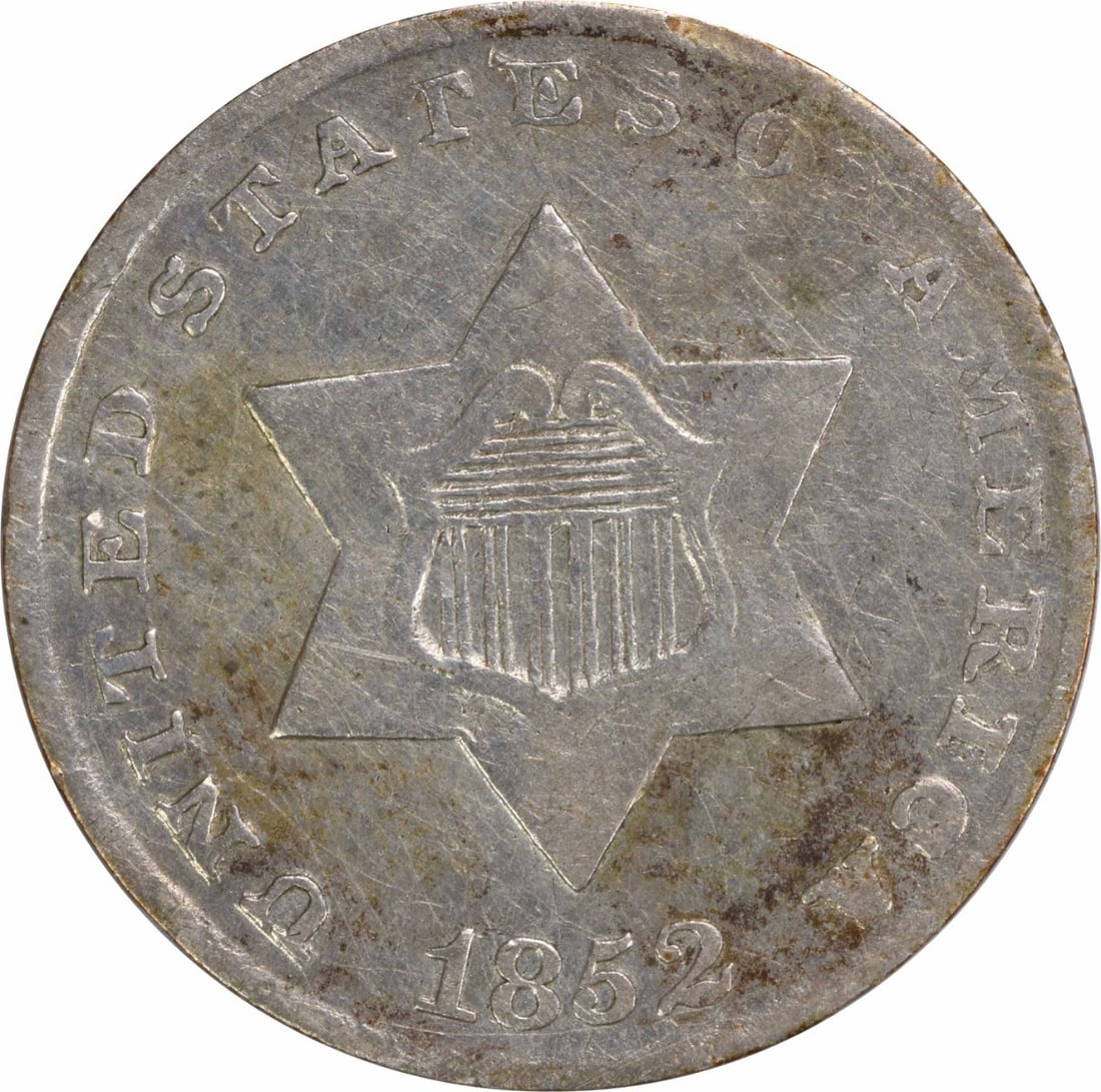 1852 Three Cent Silver Coin F Grade Uncertified USA (1 of 2)