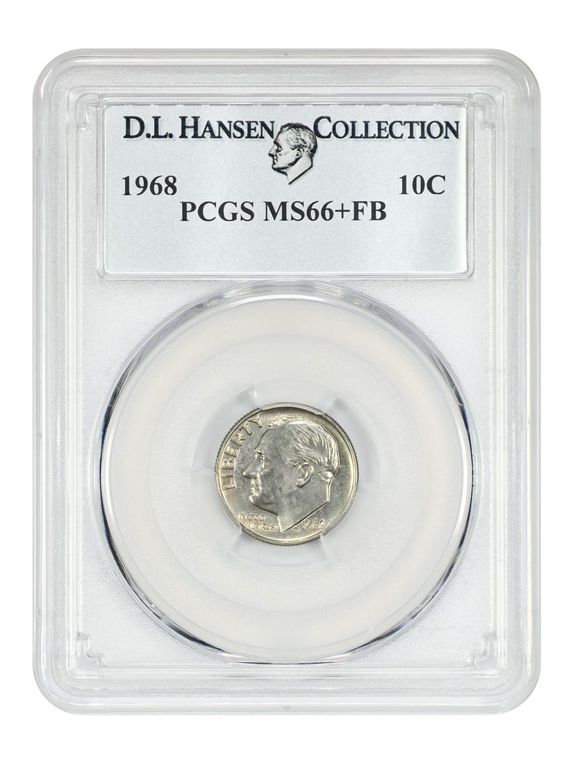 PCGS MS66+FB 1968 Roosevelt Dime Philadelphia Ex D.L. Hansen: PCGS MS66+FB 1968 Roosevelt Dime Philadelphia Ex D.L. Hansen This 1968 Roosevelt Dime is a Philadelphia-minted coin graded MS66+FB by PCGS. It is an uncirculated example with a Full Bands (FB) designa