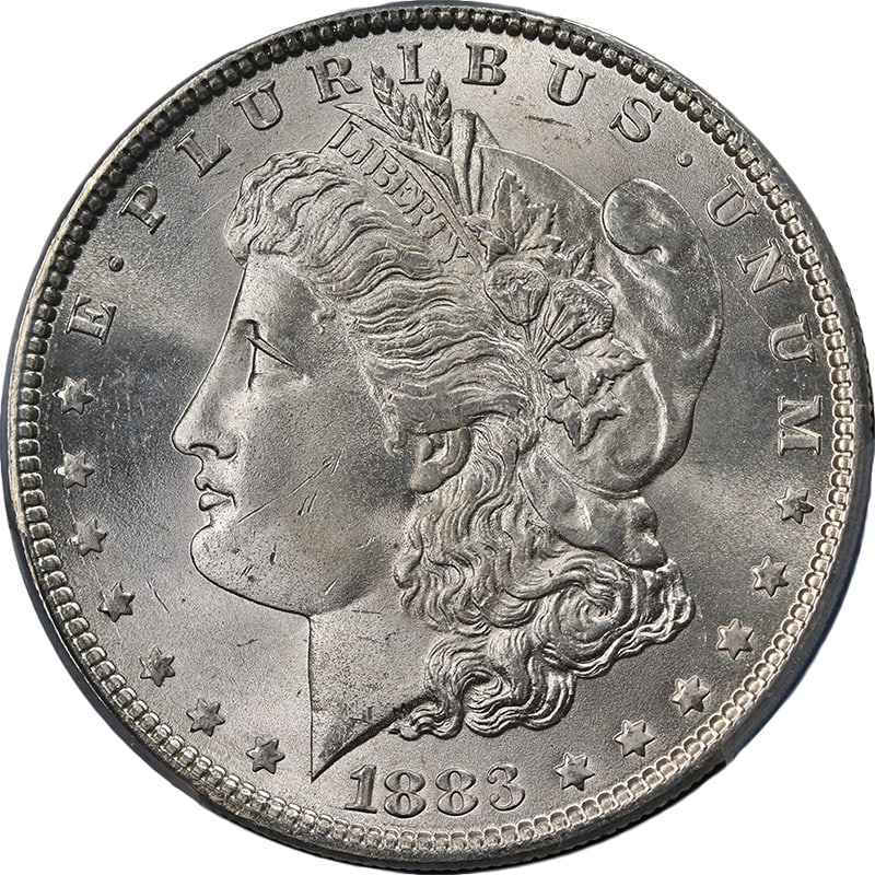 PCGS MS64 1883 Philadelphia Morgan Silver Dollar Blast White Uncirculated: PCGS MS64 1883 Philadelphia Morgan Silver Dollar Blast White Uncirculated This 1883-P Morgan Silver Dollar is certified by PCGS with a grade of MS64. The coin features a blast white appearance with ex