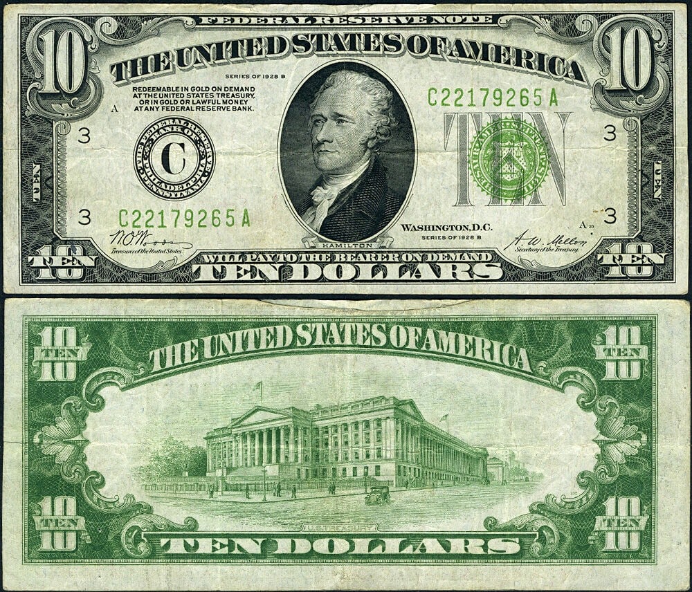 1928-B $10 Philadelphia Federal Reserve Note C-A Block Gold Demand Clause VF+ (1 of 3)