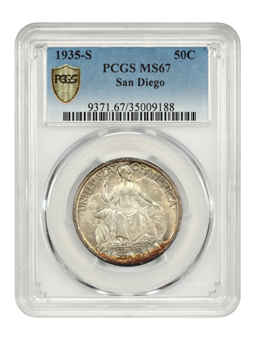 San Diego 1935-S Half Dollar PCGS MS67 Classic Commemorative Silver Coin: San Diego 1935-S Half Dollar PCGS MS67 Classic Commemorative Silver Coin This 1935-S 50C San Diego Classic Silver Commemorative coin is graded MS67 by PCGS. Issued as a souvenir for the California Exp