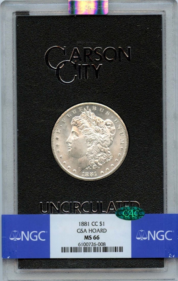 NGC MS66 CAC 1881 Carson City Morgan Dollar GSA Hoard Silver Coin: NGC MS66 CAC 1881 Carson City Morgan Dollar GSA Hoard Silver Coin This is an 1881-CC Morgan Dollar from the GSA Hoard, certified by NGC with a grade of MS66 and approved by CAC. The coin is uncirculat