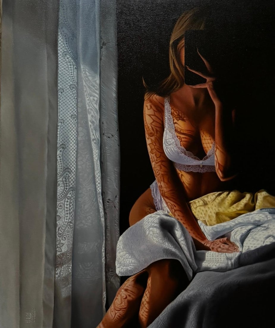 Dmitriy Krestniy Figurative Oil Painting Morning After Dark 24 x 20 Inch: Dmitriy Krestniy Figurative Oil Painting Morning After Dark 24 x 20 Inch Introducing "Morning After Dark," an exquisite figurative oil painting by Dmitriy Krestniy, measuring 24" x 20". This captivati