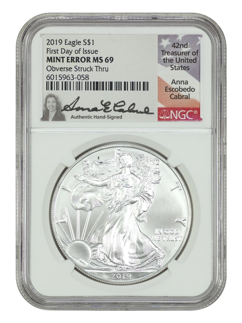2019 Silver Eagle $1 NGC MS69 Obverse Struck Through Error First Day Issue (1 of 4)