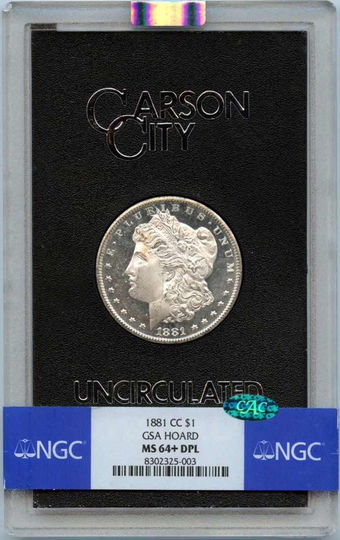 NGC MS64+ DMPL 1881 Carson City Morgan Dollar GSA Hoard CAC: NGC MS64+ DMPL 1881 Carson City Morgan Dollar GSA Hoard CAC This is an 1881-CC Morgan Dollar from the GSA Hoard, graded MS64+DMPL by NGC and endorsed by CAC. The coin is uncirculated and was minted at