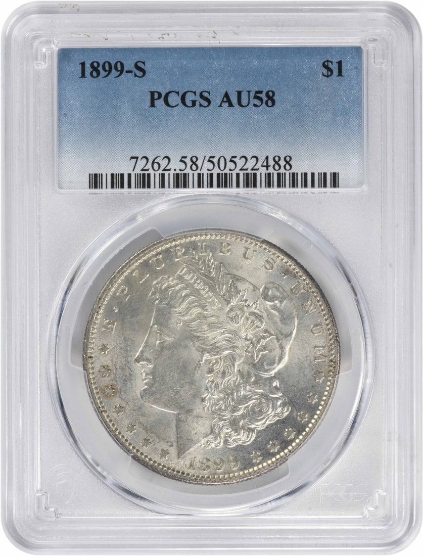 1899-S Morgan Silver Dollar AU58 PCGS San Francisco Mint: 1899-S Morgan Silver Dollar AU58 PCGS San Francisco Mint This 1899-S Morgan Silver Dollar is a stunning example of American numismatic history, graded AU58 by PCGS. Struck at the San Francisco Mint, t