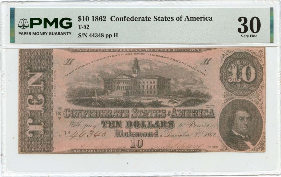 Confederate States 1862 Ten Dollar Note PMG VF30 Certified (1 of 2)