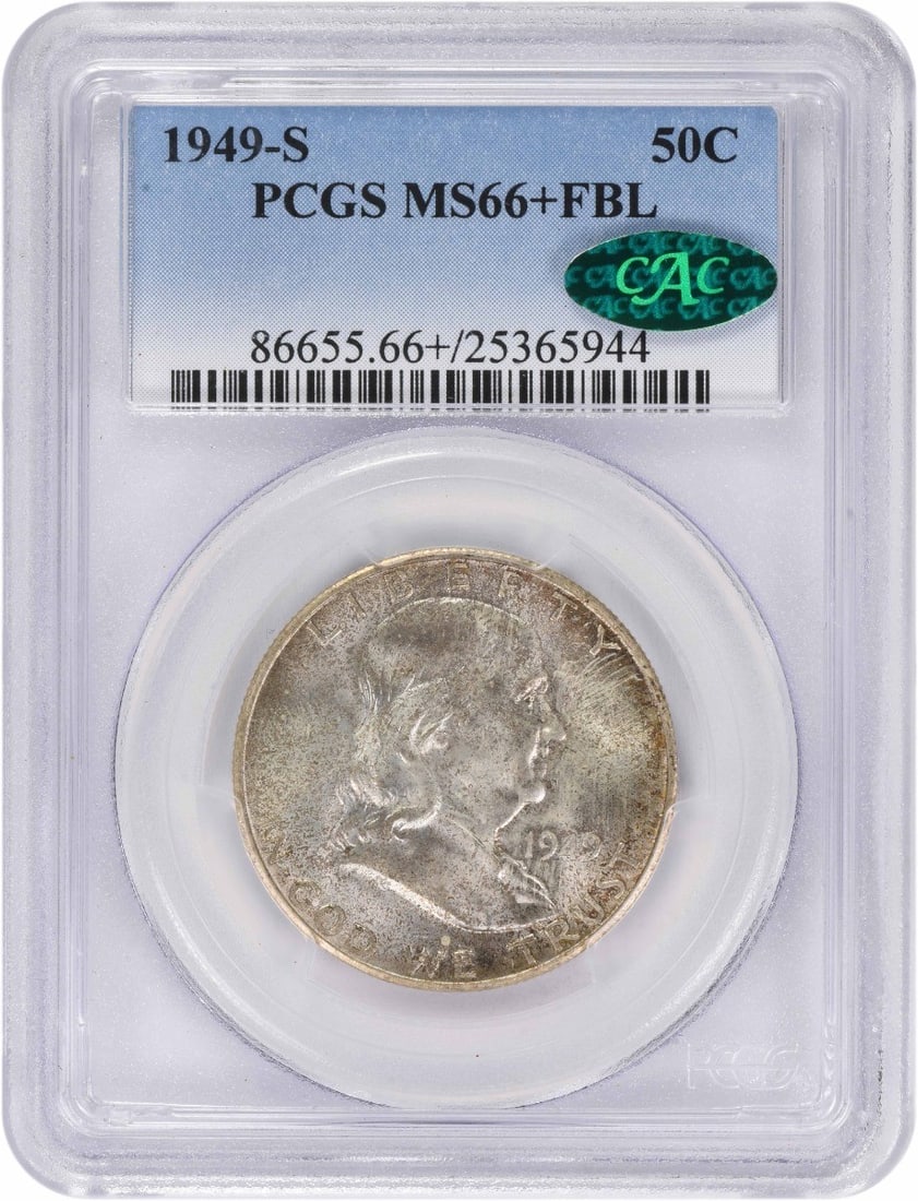 PCGS CAC MS66+FBL 1949-S Franklin 90% Silver Half Dollar Coin: PCGS CAC MS66+FBL 1949-S Franklin 90% Silver Half Dollar Coin This 1949-S Franklin Silver Half Dollar is graded MS66+FBL by PCGS and features CAC approval. Struck at the San Francisco Mint, this uncir