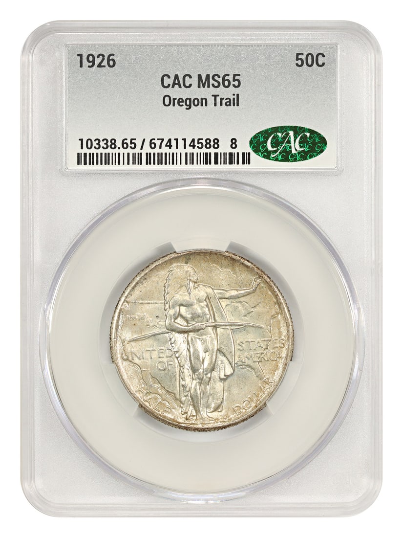 1926 Oregon Silver Half Dollar CACG MS65 Classic Commemorative Coin: 1926 Oregon Silver Half Dollar CACG MS65 Classic Commemorative Coin This 1926 Oregon 50C Classic Silver Commemorative coin is graded MS65 by CACG and remains uncirculated. Minted in Philadelphia, it i