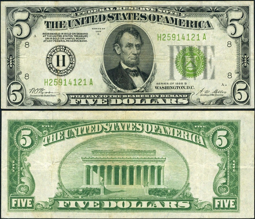 1928-B $5 Federal Reserve Note St. Louis H-A Block VF+ (1 of 3)