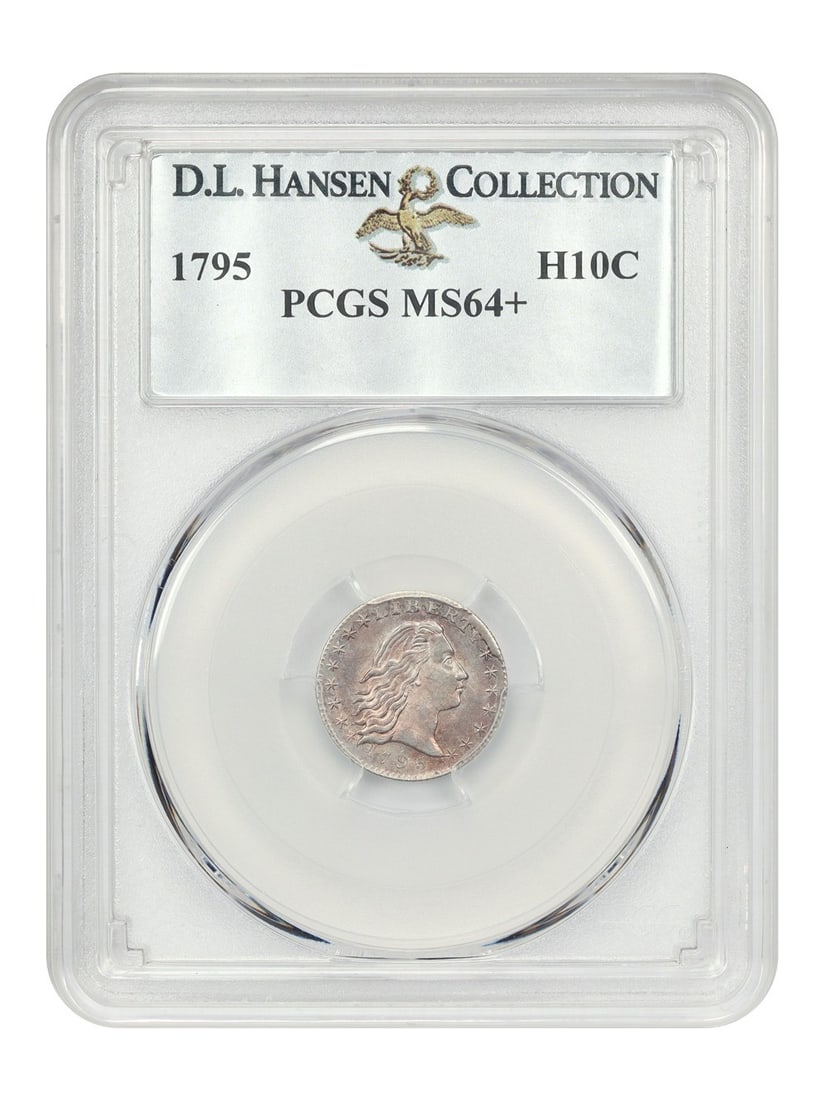 1795 Flowing Hair Half Dime PCGS MS64 Plus Ex D L Hansen: 1795 Flowing Hair Half Dime PCGS MS64 Plus Ex D L Hansen This 1795 Flowing Hair Half Dime is certified by PCGS with a grade of MS64+. Struck at the Philadelphia Mint, this uncirculated coin features a