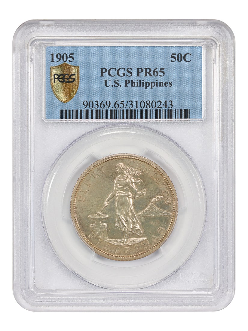 1905 Philippines 50 Centavos Proof Silver Coin PCGS PR65 Certified: 1905 Philippines 50 Centavos Proof Silver Coin PCGS PR65 Certified This 1905 U.S. Philippines 50 centavos coin is a scarce .900 silver proof issue with a mintage of only 471 pieces, marking it as the