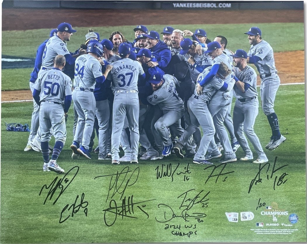 Los Angeles Dodgers 2024 Team Signed 16x20 Photo with Betts Freeman Yamamoto: Los Angeles Dodgers 2024 Team Signed 16x20 Photo with Betts Freeman Yamamoto Celebrate the Los Angeles Dodgers' 2024 World Series journey with this stunning team-signed 16x20 photo. This original phot