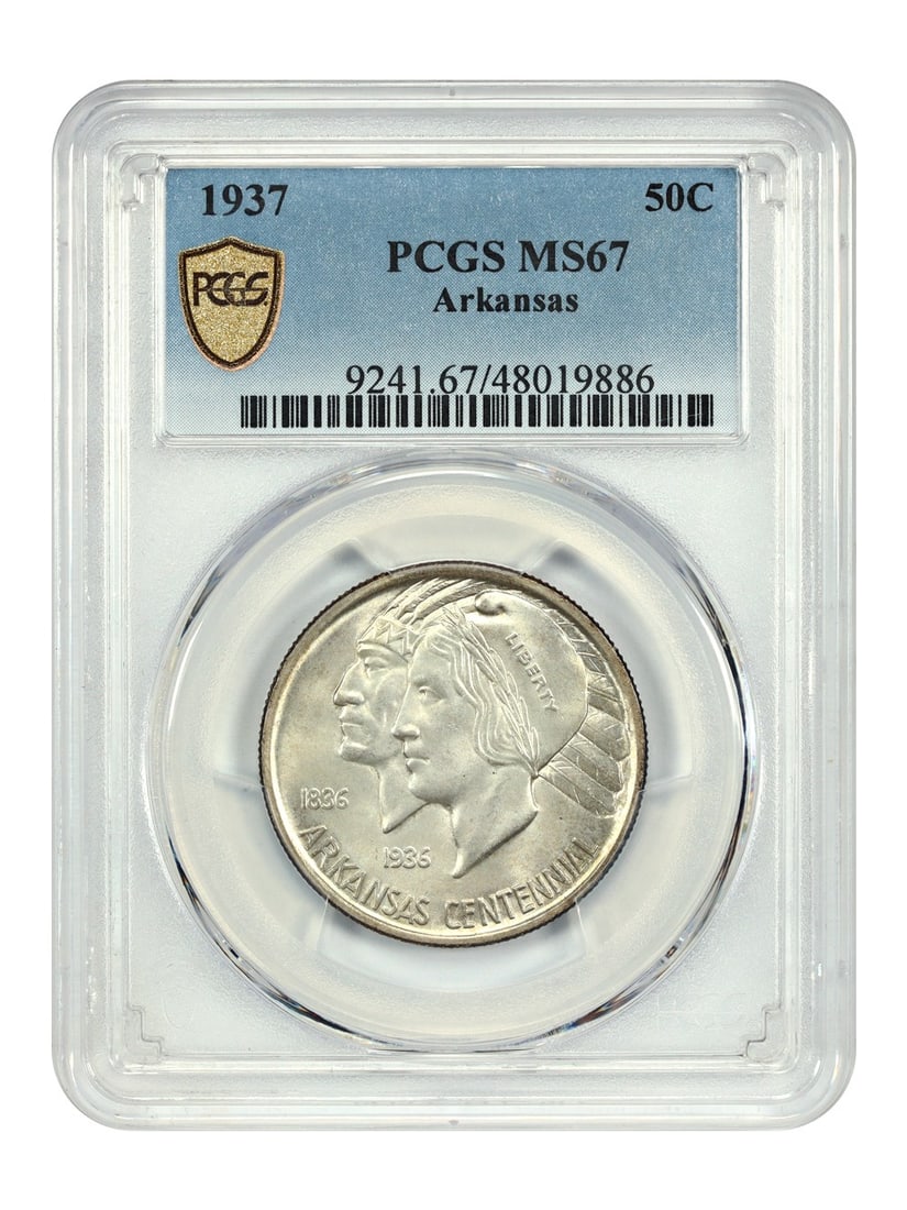 Arkansas Centennial 1937 Half Dollar PCGS MS67 Classic Silver Commemorative Coin: Arkansas Centennial 1937 Half Dollar PCGS MS67 Classic Silver Commemorative Coin This 1937 Arkansas Centennial 50C coin is a classic silver commemorative, certified by PCGS with a grade of MS67. Struc
