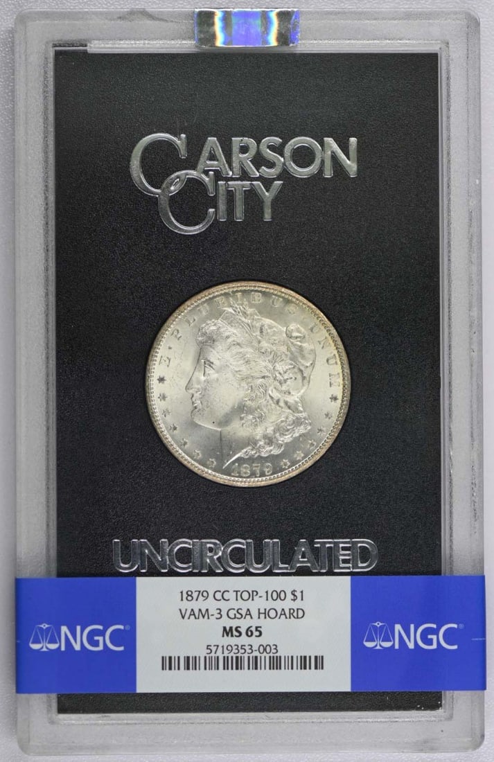 NGC MS65 1879 Carson City Morgan Dollar VAM-3 GSA Hoard Silver Coin: NGC MS65 1879 Carson City Morgan Dollar VAM-3 GSA Hoard Silver Coin This 1879-CC Morgan Dollar is a highly collectible coin from the GSA Hoard, featuring the VAM-3 variety and designated as a TOP-100