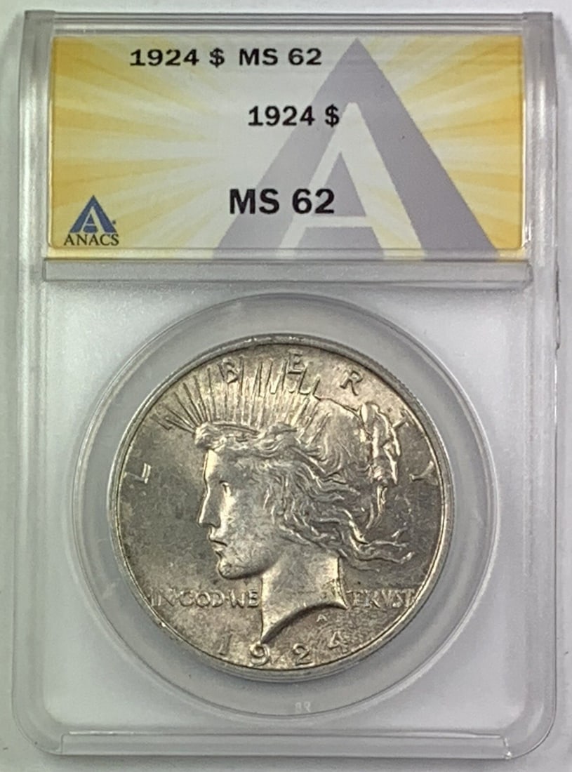 1924 Silver Peace Dollar ANACS Graded MS 62 Toned Uncirculated Coin (1 of 2)