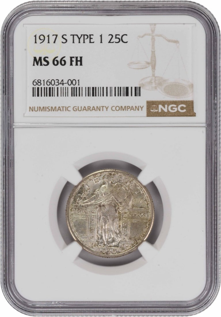 MS66 Full Head 1917-S Standing Liberty 25C NGC Certified Silver Coin: MS66 Full Head 1917-S Standing Liberty 25C NGC Certified Silver Coin This is a 1917-S Standing Liberty Quarter, Type 1, graded MS66 Full Head by NGC. Struck at the San Francisco Mint, this uncirculate