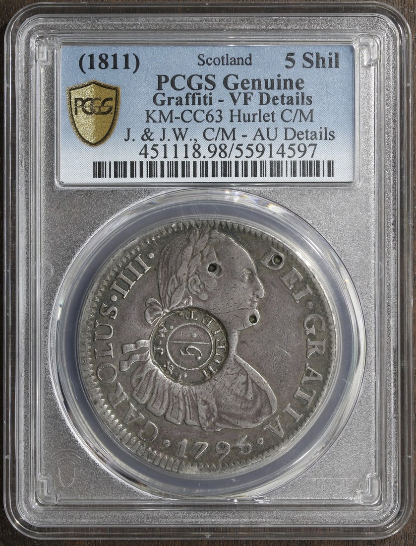 1811 Scotland Countermark on Mexico 8 Reales Coin PCGS 5 Shilling: 1811 Scotland Countermark on Mexico 8 Reales Coin PCGS 5 Shilling This 1811 Scotland countermark on a Mexico 8 Reales coin has been certified by PCGS and is graded as VF Details. The coin has a face v