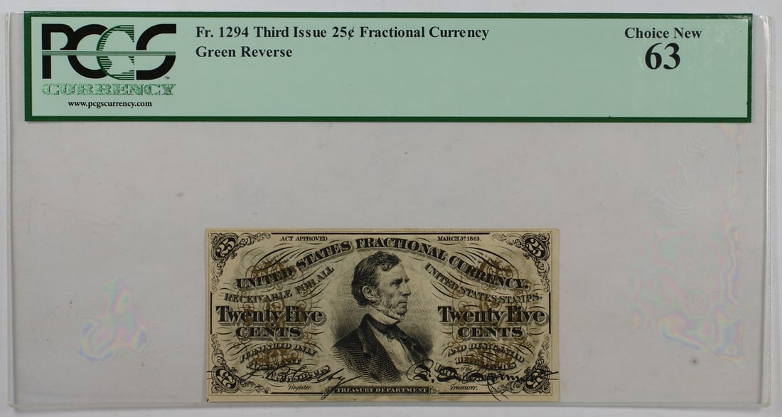 Third Issue 25 Cent US Fractional Note PCGS 63 Green Back Fr 1294: Third Issue 25 Cent US Fractional Note PCGS 63 Green Back Fr 1294 This is a Fr. 1294 Third Issue 25 cent fractional currency note from the United States, featuring a green reverse. The note has been g