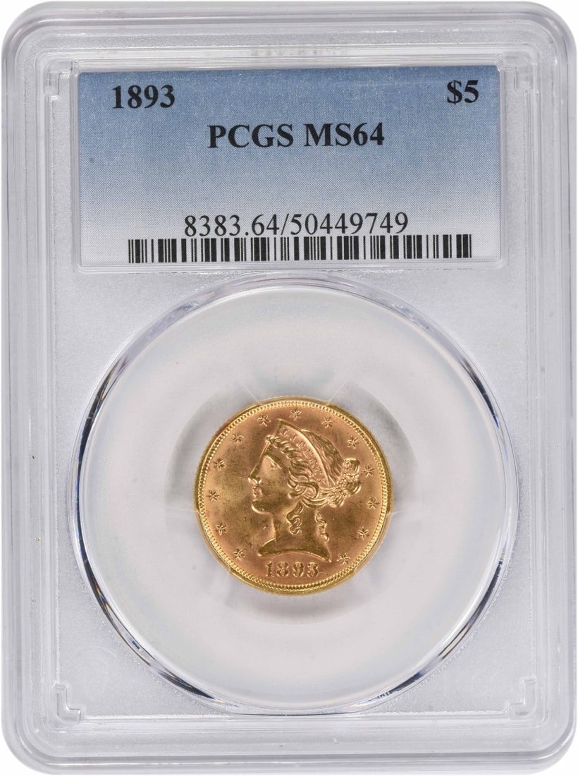 1893 Liberty Head $5 Gold Coin MS64 Graded by PCGS: 1893 Liberty Head $5 Gold Coin MS64 Graded by PCGS This 1893 $5 Liberty Head gold coin is graded MS64 by PCGS and features the iconic design by Christian Gobrecht. Struck at the Philadelphia Mint, the