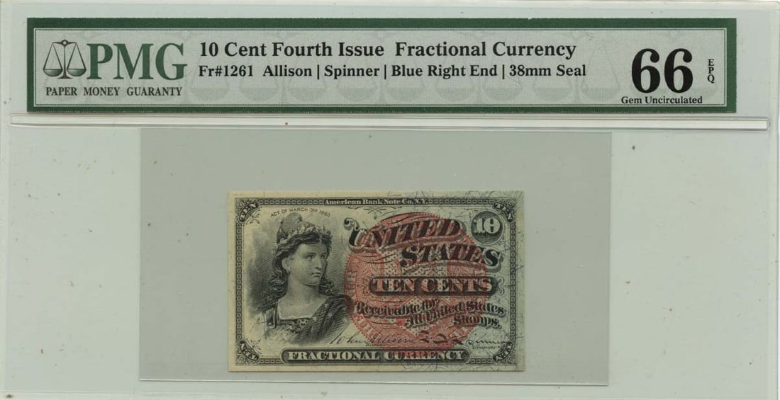 Uncirculated 10 Cents Fractional Currency FR#1261 PMG GEM 66 EPQ (1 of 2)