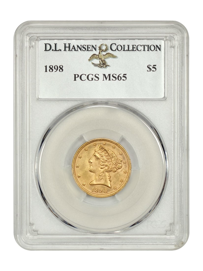 1898 $5 Liberty Head Coin PCGS MS65 Uncirculated D.L. Hansen: 1898 $5 Liberty Head Coin PCGS MS65 Uncirculated D.L. Hansen This stunning 1898 Liberty Head $5 gold coin, certified by PCGS with a grade of MS65, showcases exceptional quality and beauty. Known for