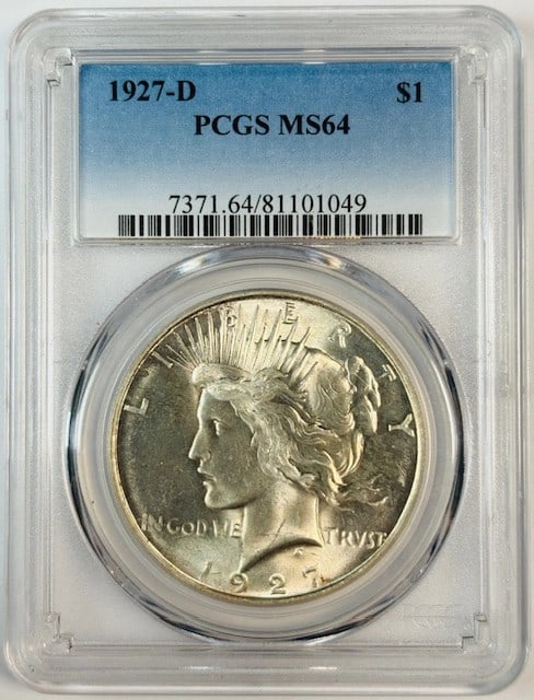 PCGS MS64 1927 Denver Mint Silver Peace Dollar: PCGS MS64 1927 Denver Mint Silver Peace Dollar This 1927 D Peace Dollar is certified by PCGS with a grade of MS 64. Struck in silver at the Denver Mint, the coin is uncirculated and originates from