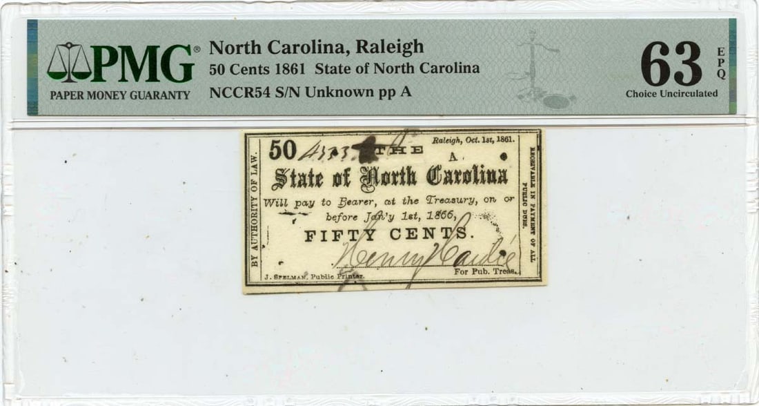 1861 50 Cents North Carolina Obsolete Note PMG CU63 EPQ: 1861 50 Cents North Carolina Obsolete Note PMG CU63 EPQ This 1861 50 Cents North Carolina note, issued in Raleigh, is a notable piece of currency history. Certified by PMG with a grade of CH63 EPQ, th