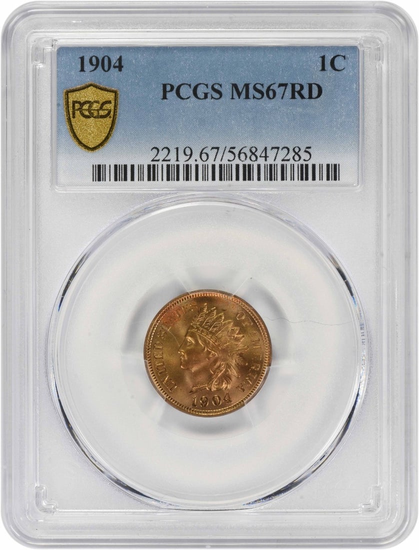 Indian Head Small Cent 1904 MS67RD PCGS Certified Uncirculated Coin: Indian Head Small Cent 1904 MS67RD PCGS Certified Uncirculated Coin This 1904 Indian Head Cent is graded MS67RD by PCGS and remains uncirculated. Struck in Philadelphia, it features a composition of 9