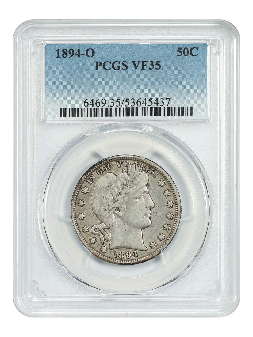 PCGS VF35 Barber Half Dollar 1894-O New Orleans 50 Cent Piece: PCGS VF35 Barber Half Dollar 1894-O New Orleans 50 Cent Piece This 1894-O Barber Half Dollar is a circulated coin graded VF35 by PCGS. Minted in New Orleans, it belongs to the Barber Half Dollar serie