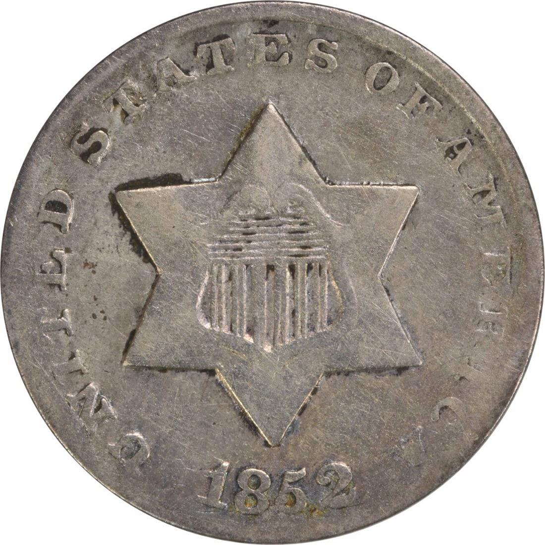 1852 Three Cent Silver Coin F Grade Uncertified USA (1 of 2)