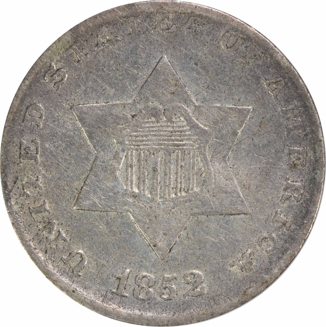 1852 Three Cent Silver Coin Uncertified F Grade Philadelphia Mint: 1852 Three Cent Silver Coin Uncertified F Grade Philadelphia Mint This 1852 Three Cent Silver coin features a composition of 75% silver and 25% copper, designed by James Barton Longacre. Minted in Phi