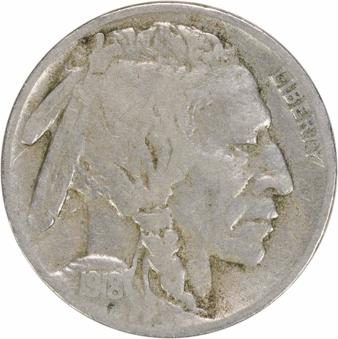 1918-D Buffalo Nickel 5C Circulated Uncertified Coin: 1918-D Buffalo Nickel 5C Circulated Uncertified Coin This 1918-D Buffalo Nickel, minted in Denver, showcases the iconic design by James Earle Fraser. It is a circulated coin, graded as Fine (F) condit